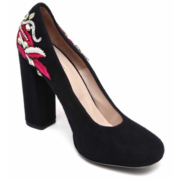 Dries Van Noten Shoes - DRIES VAN NOTEN Black Pump Beaded Fabric Leather Square Toe Heel Sz 40 NEW
